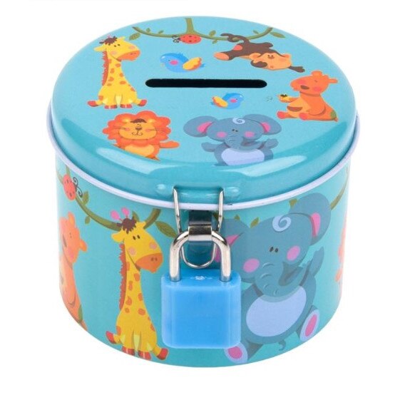Pusculita din metal cu lacat si cheita, Design Animale, 8x6 cm, Multicolor