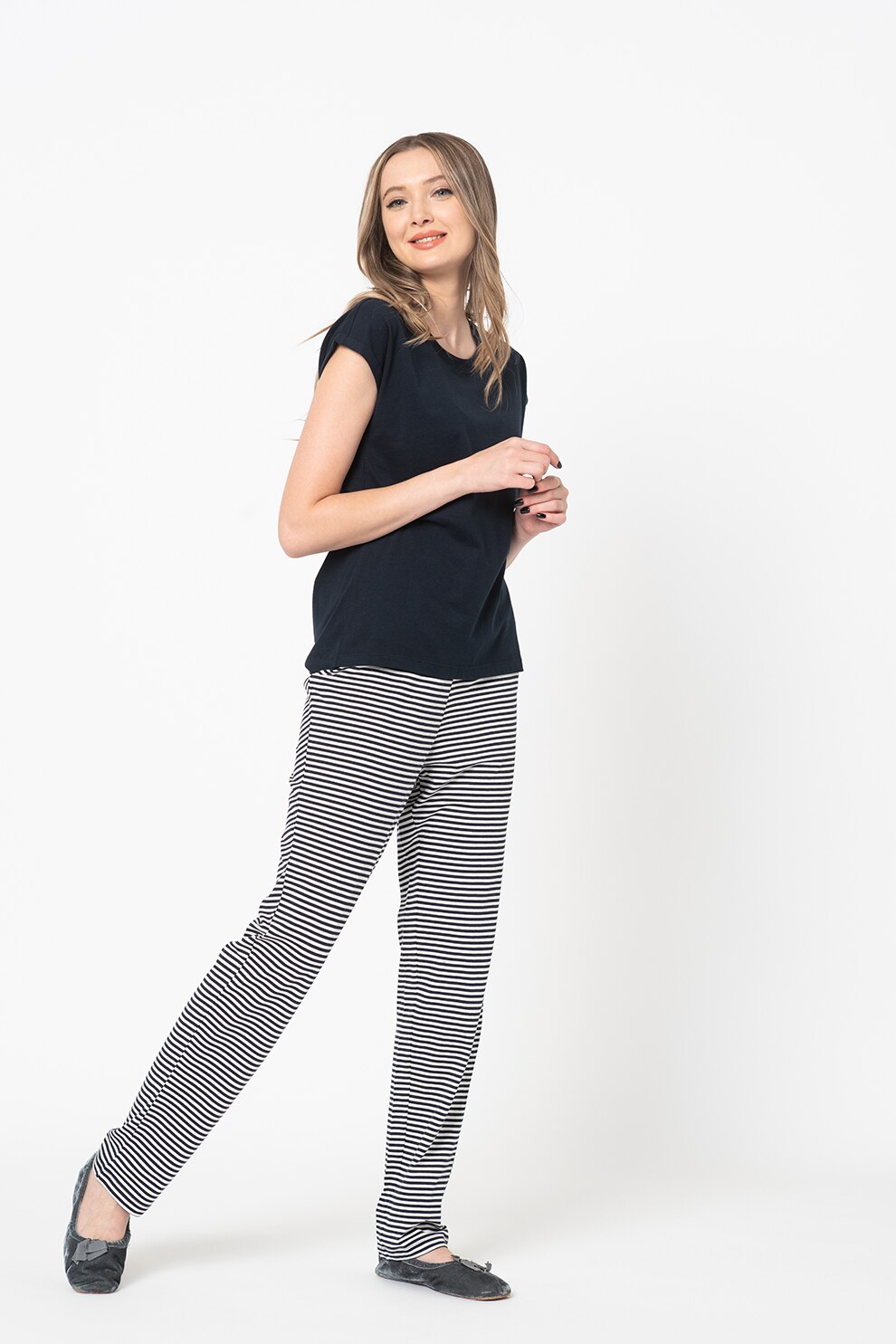 ESPRIT Bodywear, Pijama de bumbac organic cu pantaloni cu dungi, Bleumarin/Alb