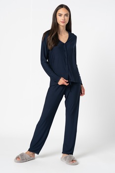 ESPRIT Bodywear, Pijama cu decolteu in V si garnituri de dantela, Bleumarin, M