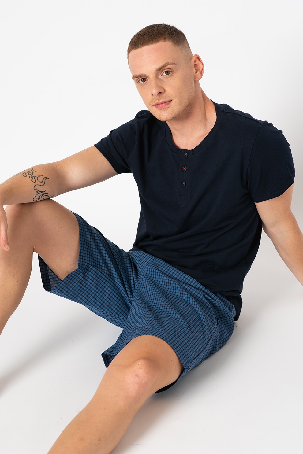 ESPRIT Bodywear, Pijama de bumbac organic cu pantaloni scurti, Bleumarin, M