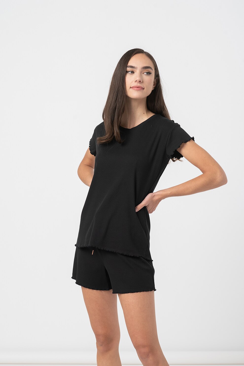 ESPRIT Bodywear, Pijama cu pantaloni scurti, cu aspect striat, Negru