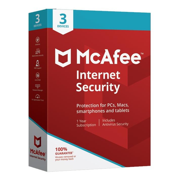 McAfee Internet Security 2021, 3 компютъра, 1 година, Електронен лиценз