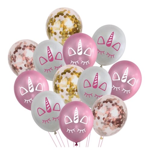 Set 12 Baloane Aniversare cu confetti, Model Unicorn, Roz Auriu, 30 cm