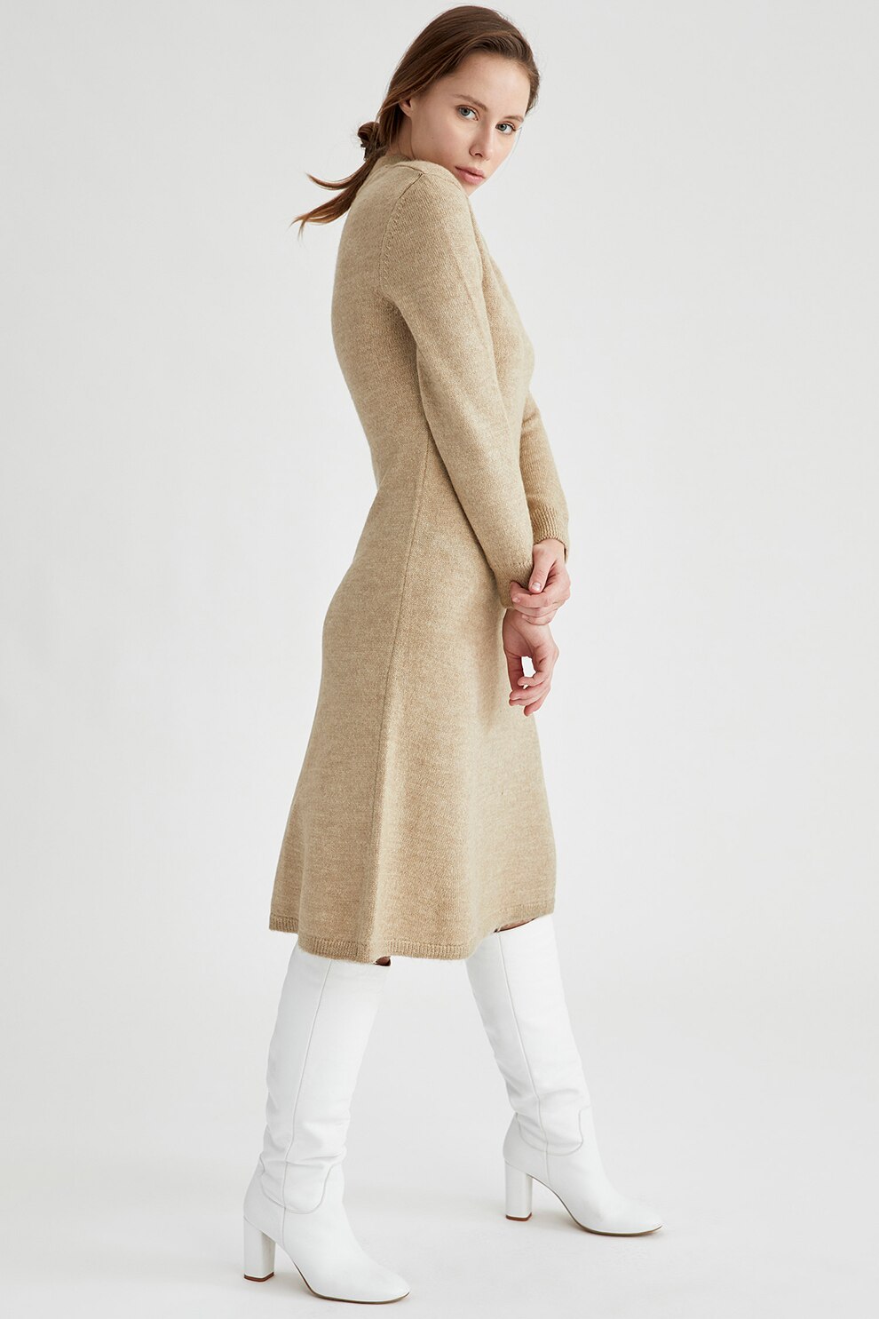 DeFacto, Rochie midi cambrata tricotata fin, Bej