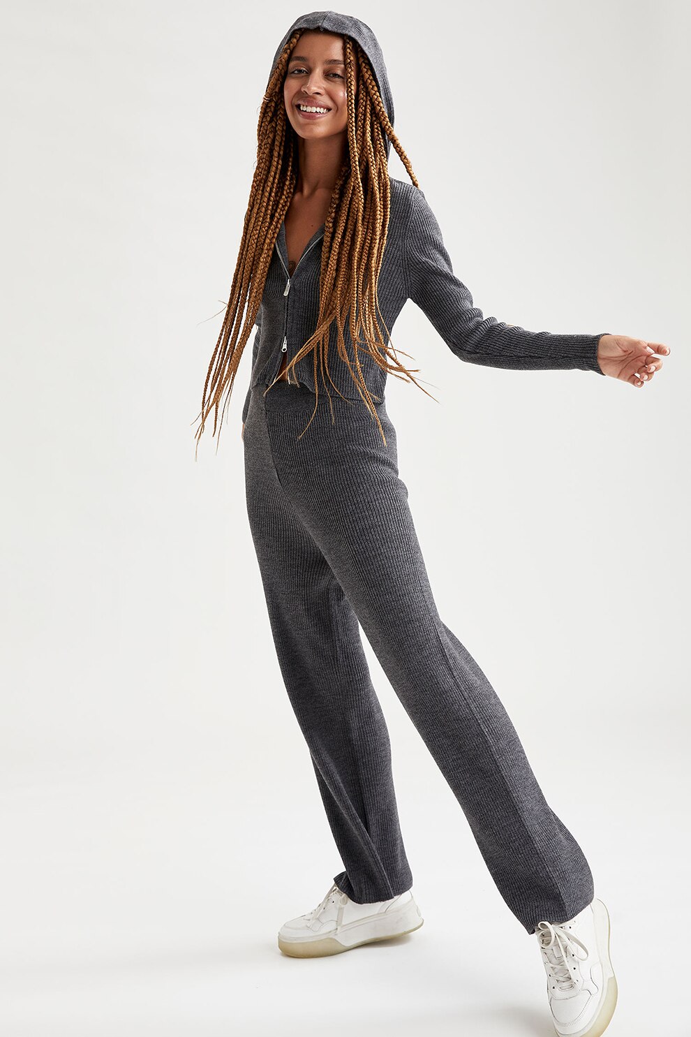 DeFacto, Pantaloni striati cu talie inalta, Gri inchis melange