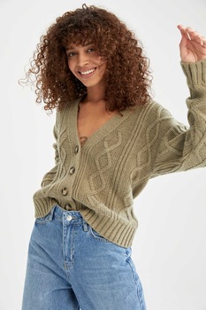 DeFacto, Cardigan cu decolteu in V si model torsade, Verde sparanghel DeFacto, Cardigan cu decolteu in V si model torsade, Verde sparanghel