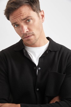 DeFacto, Cardigan tricotat cu guler ascutit, Negru DeFacto, Cardigan tricotat cu guler ascutit, Negru