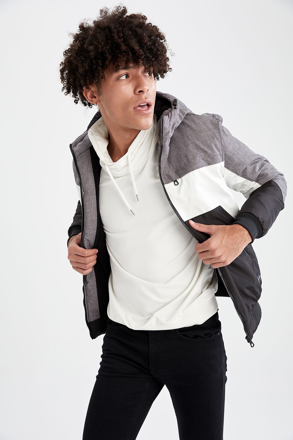 DeFacto, Jacheta slim fit cu model colorblock, Gri/Alb/Negru