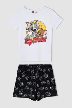 DeFacto, Pijama cu pantaloni scurti si imprimeu Tom&Jerry, Alb/Negru DeFacto, Pijama cu pantaloni scurti si imprimeu Tom&Jerry, Alb/Negru