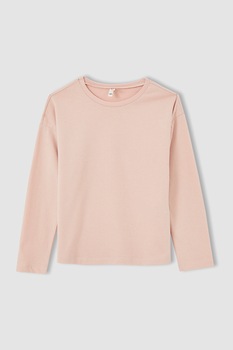 DeFacto, Bluza de bumbac cu decolteu la baza gatului, Roz pastel DeFacto, Bluza de bumbac cu decolteu la baza gatului, Roz pastel