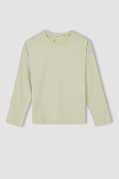 DeFacto, Bluza de bumbac cu decolteu la baza gatului, Verde pal DeFacto, Bluza de bumbac cu decolteu la baza gatului, Verde pal