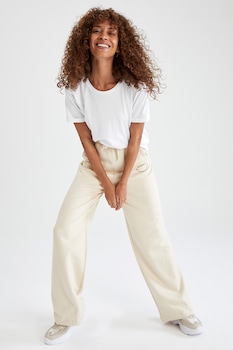 DeFacto, Pantaloni sport de bumbac organic cu talie inalta si imprimeu text, Maro nisip DeFacto, Pantaloni sport de bumbac organic cu talie inalta si imprimeu text, Maro nisip