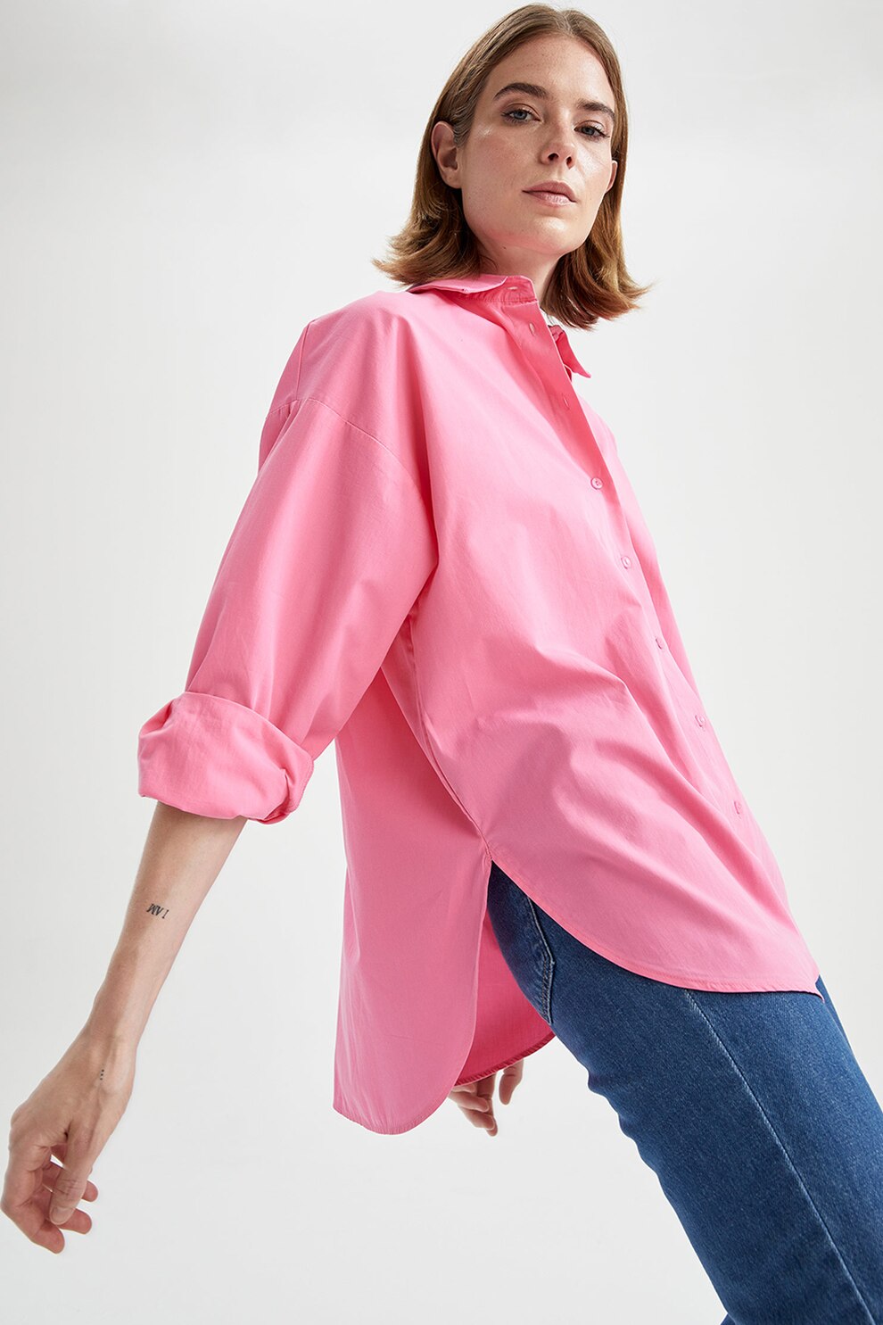 DeFacto, Camasa supradimensionata de bumbac cu maneci cazute, Roz deschis