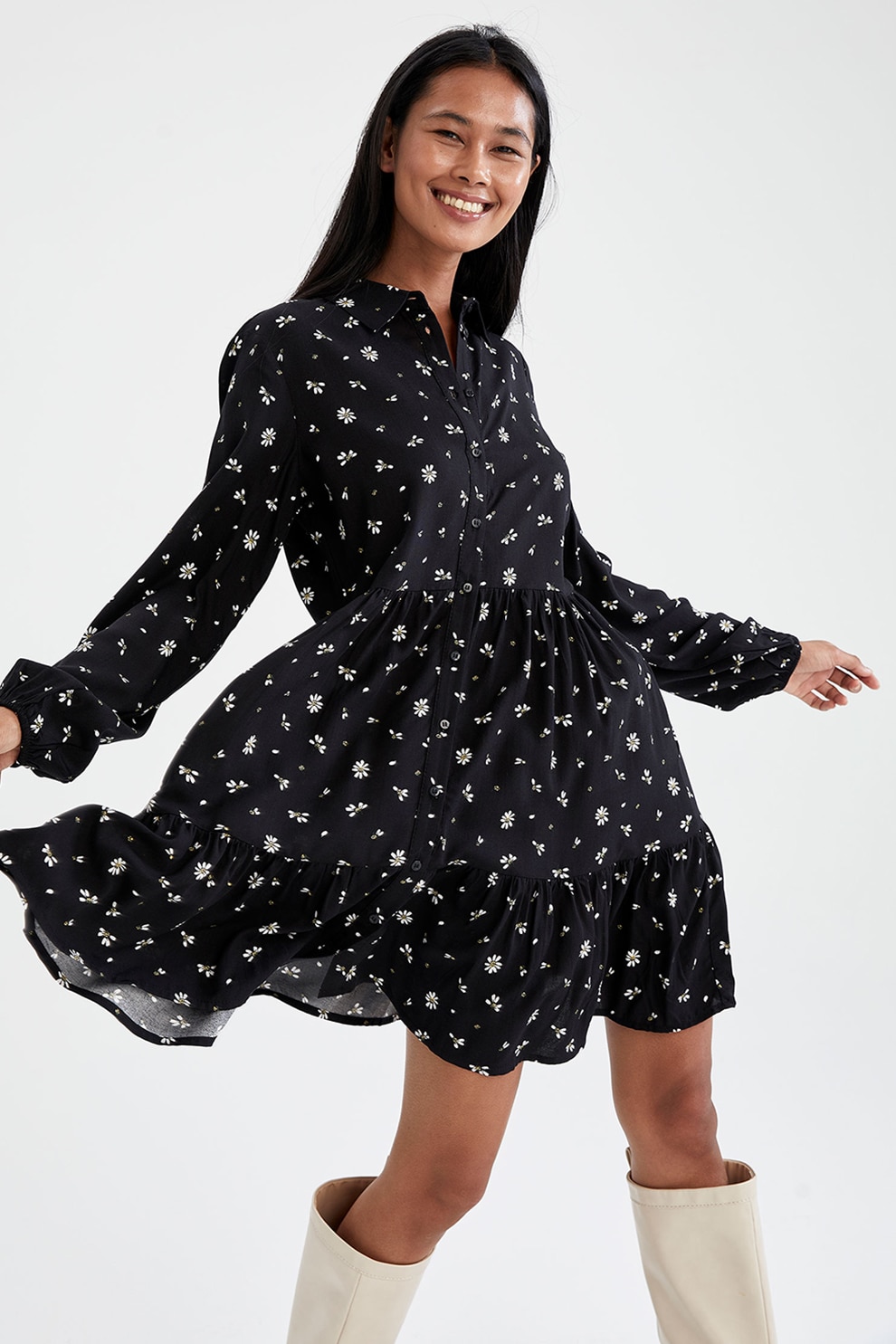 DeFacto, Rochie-camasa cu imprimeu si terminatie cu volane, Negru/Alb