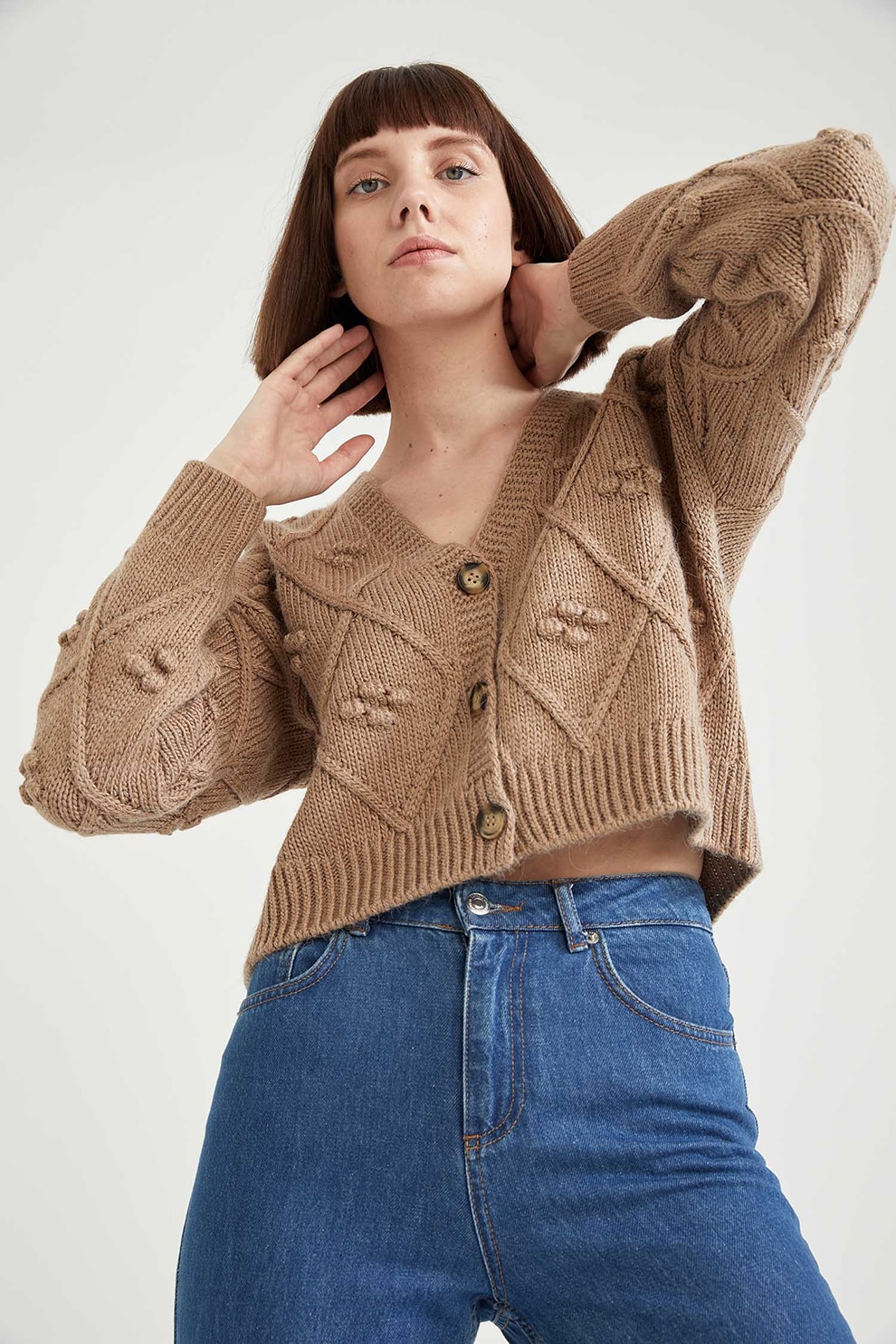DeFacto, Cardigan cu decolteu in V si nasturi, Maro camel