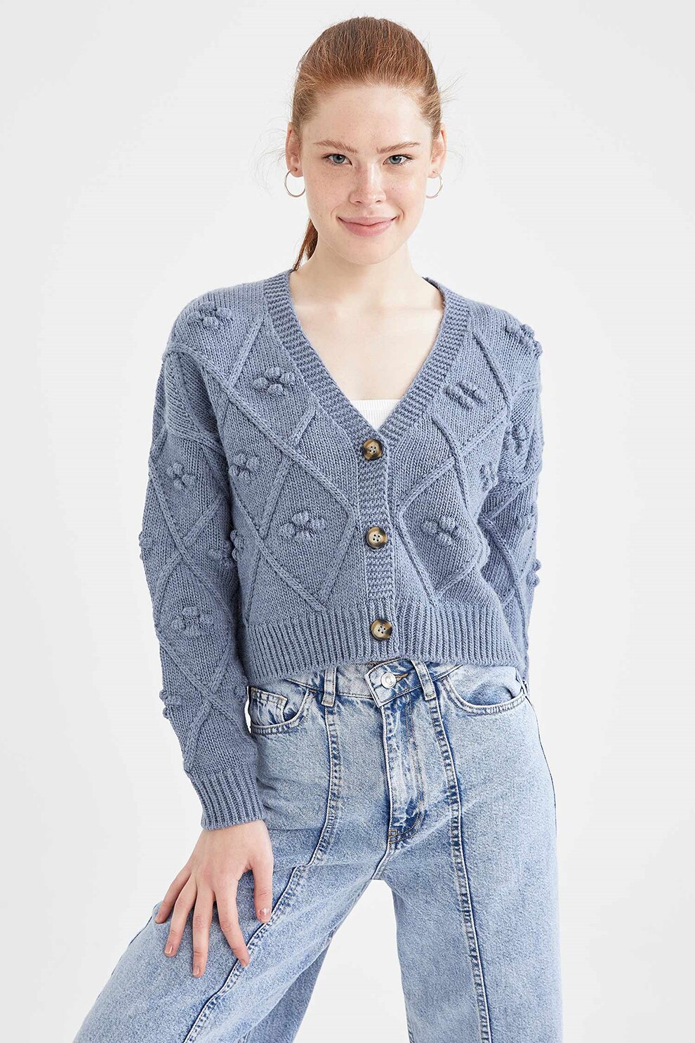 DeFacto, Cardigan cu decolteu in V si nasturi, Albastru prafuit
