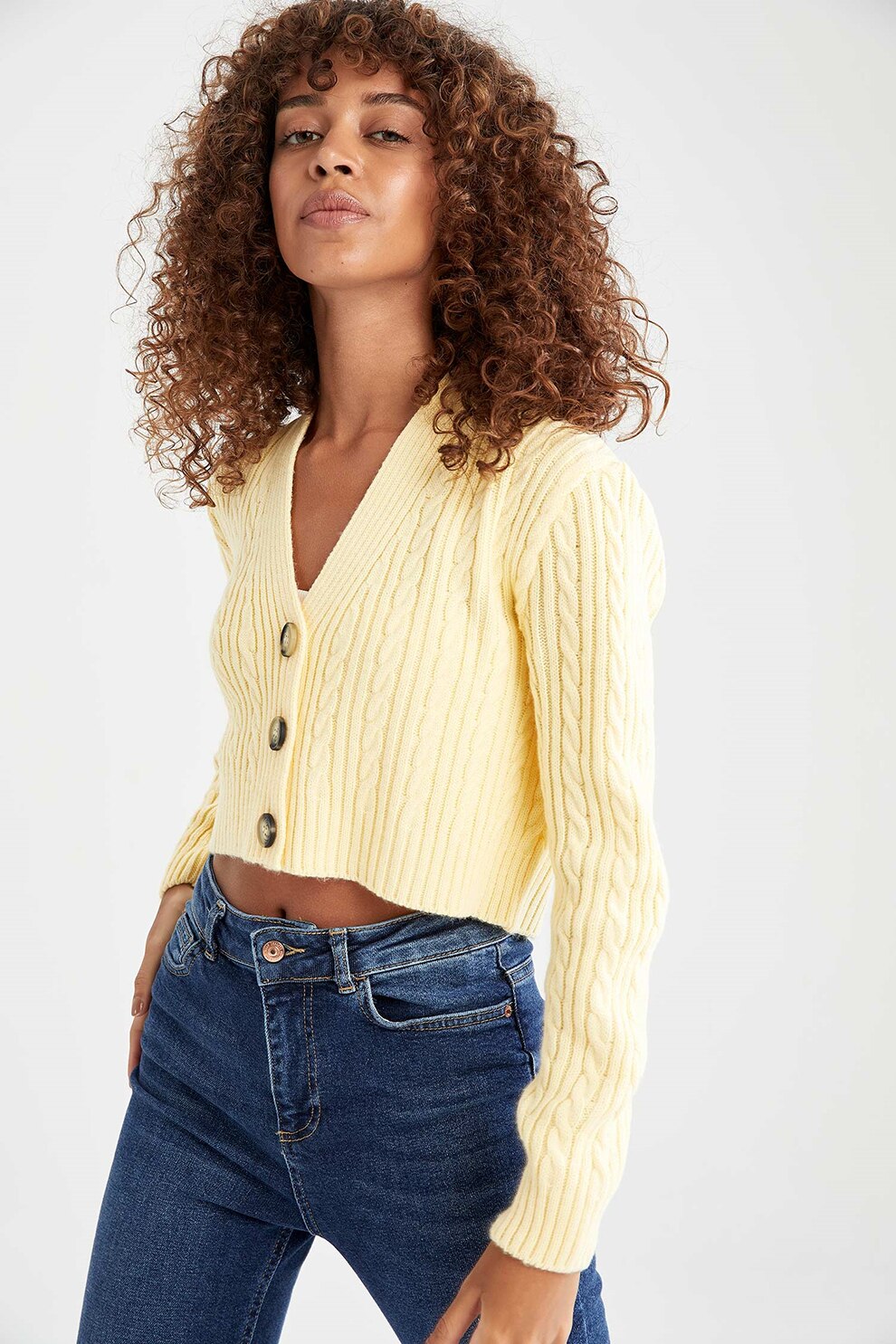 DeFacto, Cardigan crop cu torsade, Galben pai