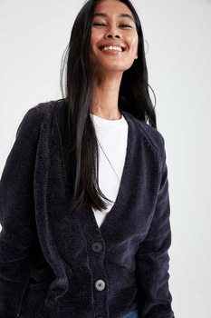 DeFacto, Cardigan pufos cu decolteu in V, Bleumarin inchis DeFacto, Cardigan pufos cu decolteu in V, Bleumarin inchis