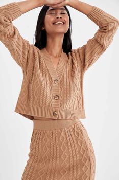 DeFacto, Cardigan crop cu decolteu in V, Cafeniu DeFacto, Cardigan crop cu decolteu in V, Cafeniu
