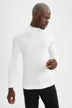 DeFacto, Pulover slim fit striat, Alb DeFacto, Pulover slim fit striat, Alb