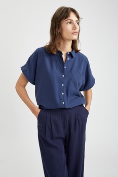 DeFacto, Camasa relaxed fit din amestec de lyocell cu buzunar pe piept, Bleumarin DeFacto, Camasa relaxed fit din amestec de lyocell cu buzunar pe piept, Bleumarin