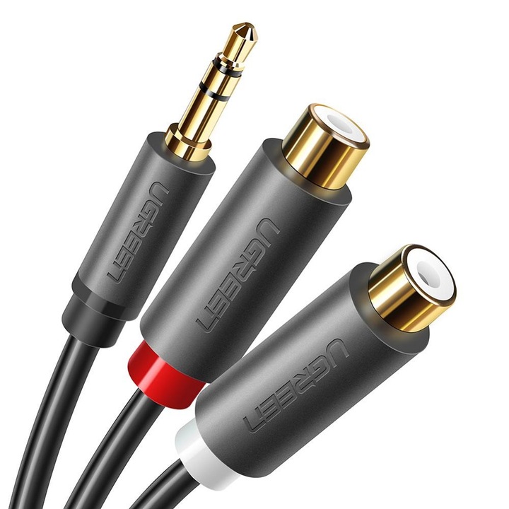 Cablu audio UGREEN AV109, tata mini jack 3.5 mm la 2x mama RCA, 0.25m, Negru