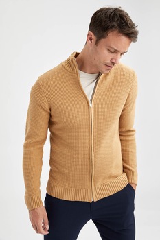DeFacto, Cardigan tricotat cu fermoar si guler inalt, Maro camel DeFacto, Cardigan tricotat cu fermoar si guler inalt, Maro camel
