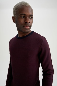 DeFacto, Pulover slim fit cu aplicatii pe coate, Bordeaux/Bleumarin inchis DeFacto, Pulover slim fit cu aplicatii pe coate, Bordeaux/Bleumarin inchis