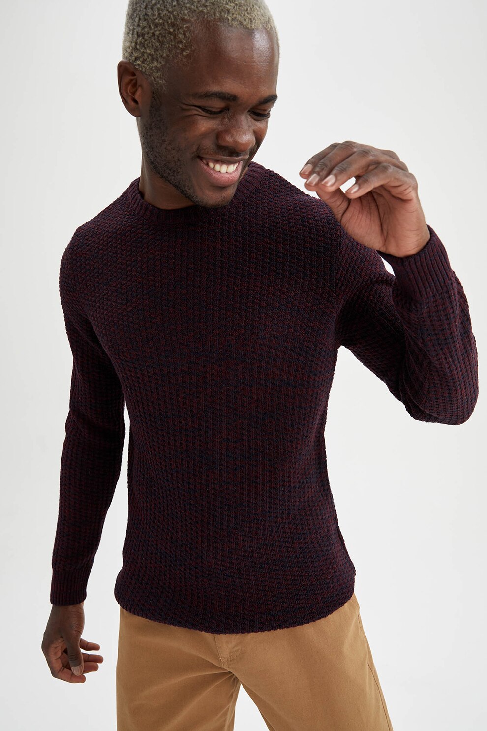 DeFacto, Pulover slim fit tricotat fin, Bordeaux/Bleumarin inchis