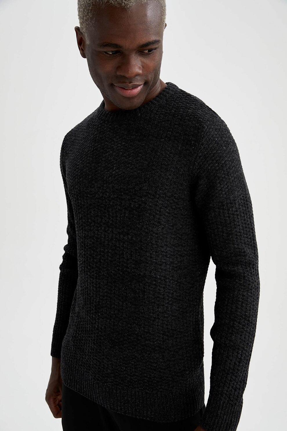 DeFacto, Pulover slim fit tricotat fin, Negru