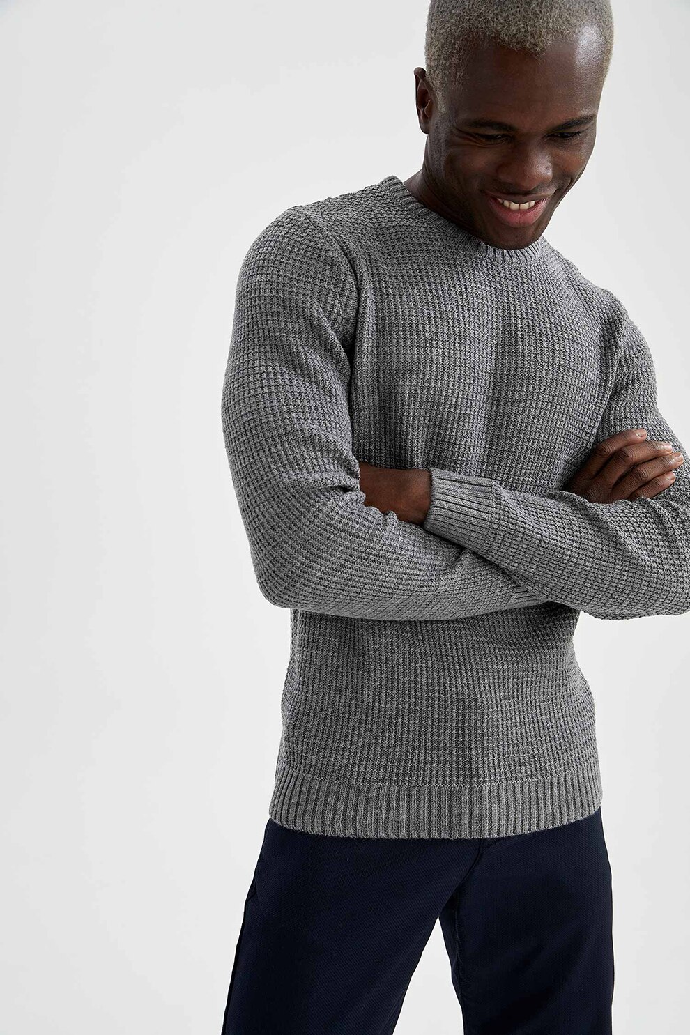 DeFacto, Pulover slim fit cu decolteu la baza gatului, Gri deschis