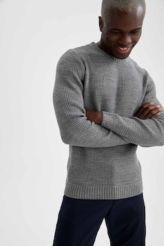 DeFacto, Pulover slim fit cu decolteu la baza gatului, Gri deschis DeFacto, Pulover slim fit cu decolteu la baza gatului, Gri deschis