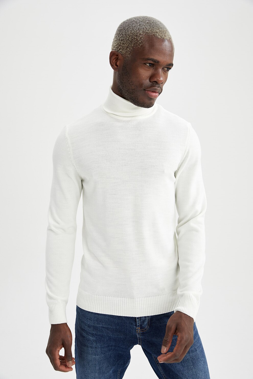 DeFacto, Pulover slim fit cu guler inalt, Alb