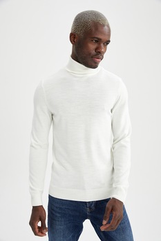 DeFacto, Pulover slim fit cu guler inalt, Alb DeFacto, Pulover slim fit cu guler inalt, Alb