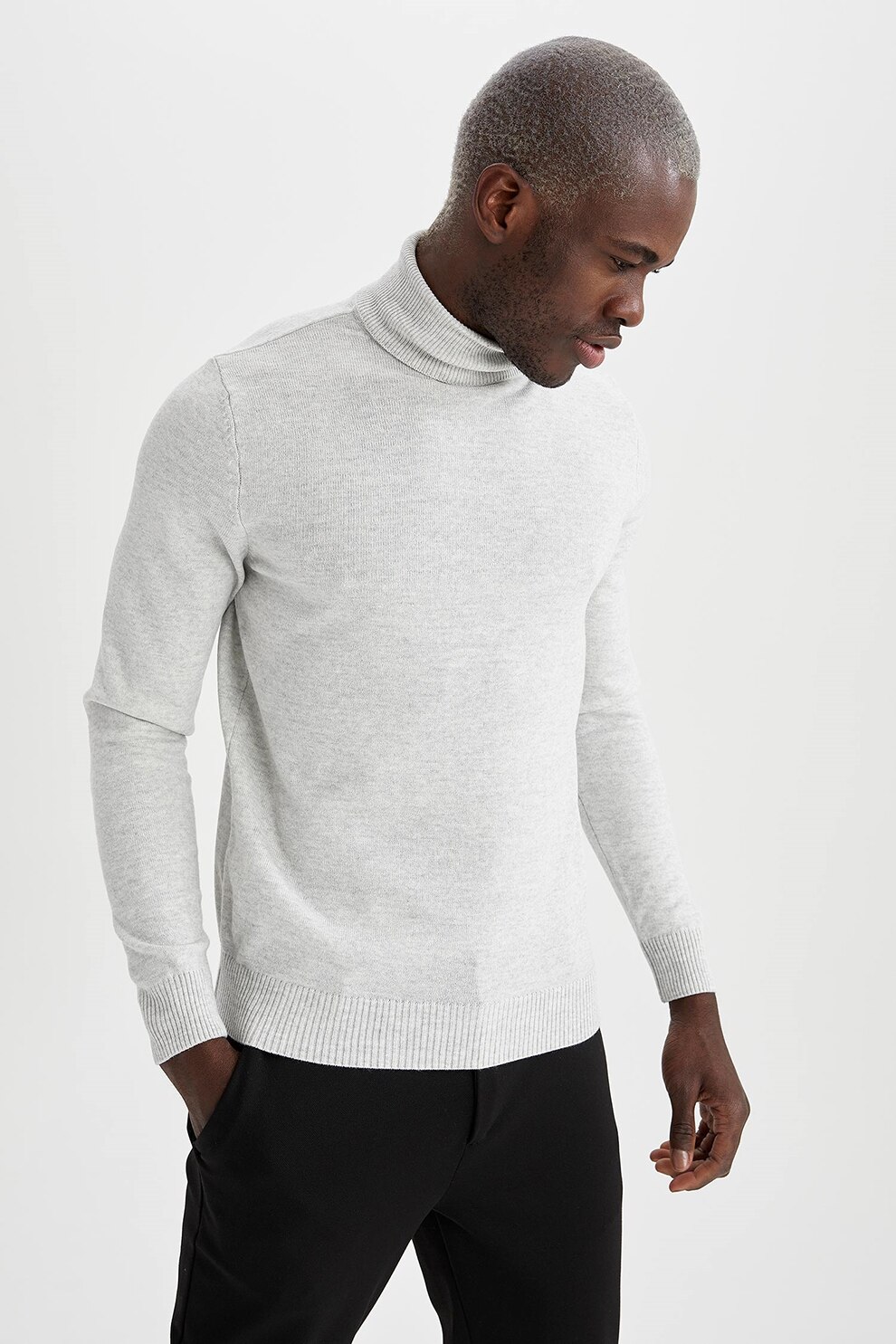 DeFacto, Pulover slim fit cu guler inalt, Gri deschis