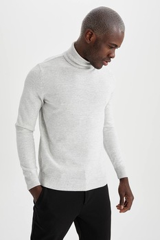 DeFacto, Pulover slim fit cu guler inalt, Gri deschis DeFacto, Pulover slim fit cu guler inalt, Gri deschis