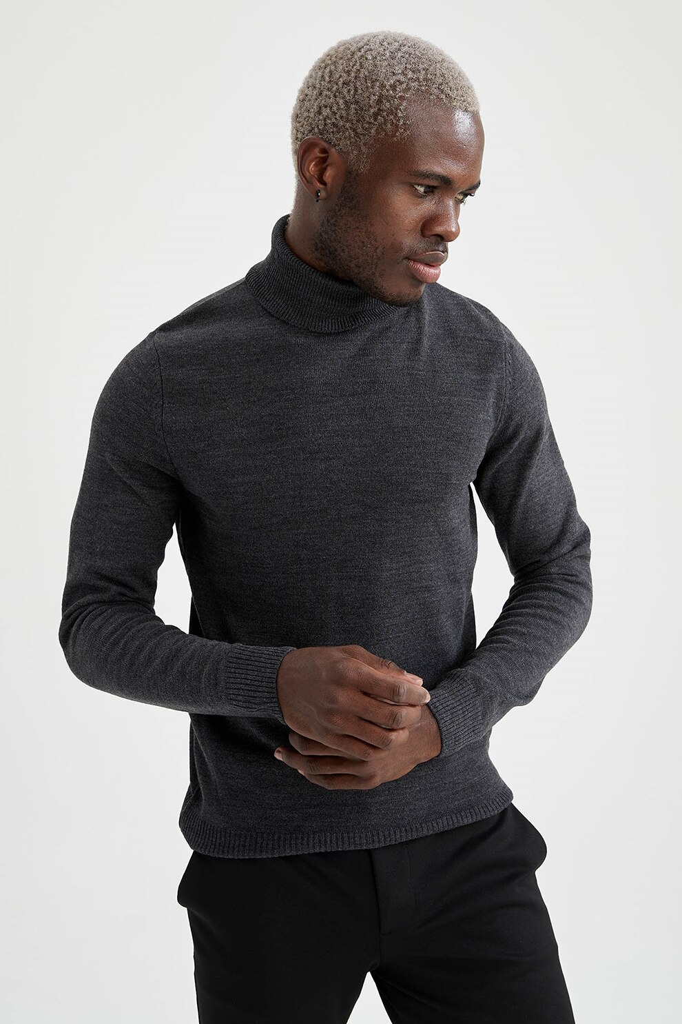 DeFacto, Pulover slim fit cu guler inalt, Gri antracit