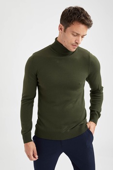 DeFacto, Pulover slim fit cu guler inalt, Verde inchis DeFacto, Pulover slim fit cu guler inalt, Verde inchis