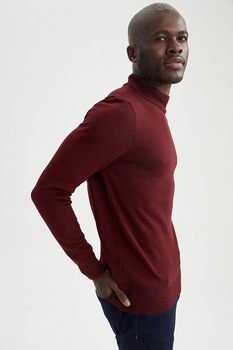 DeFacto, Pulover slim fit tricotat fin cu guler inalt, Visiniu DeFacto, Pulover slim fit tricotat fin cu guler inalt, Visiniu