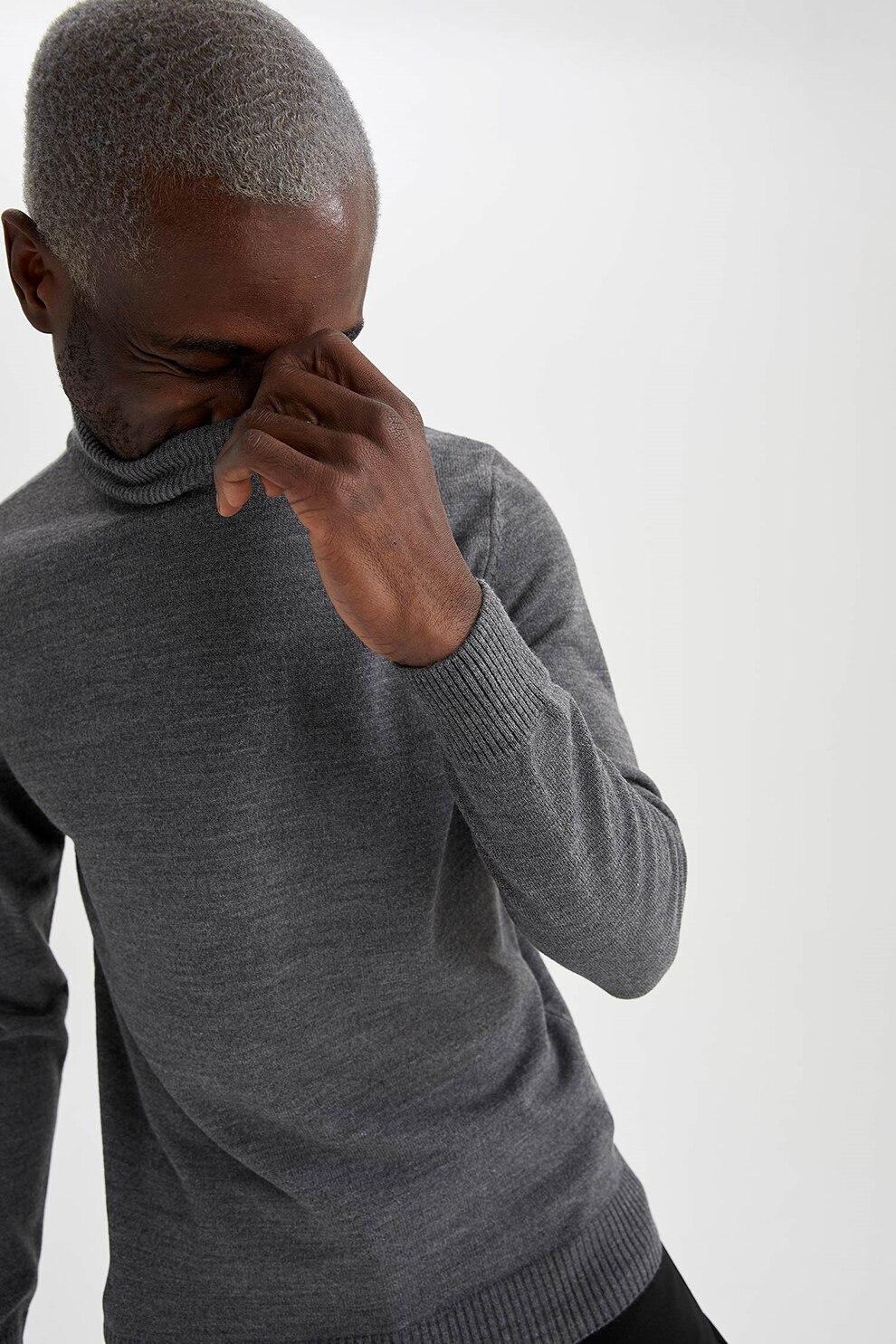 DeFacto, Pulover slim fit tricotat fin cu guler inalt, Gri melange