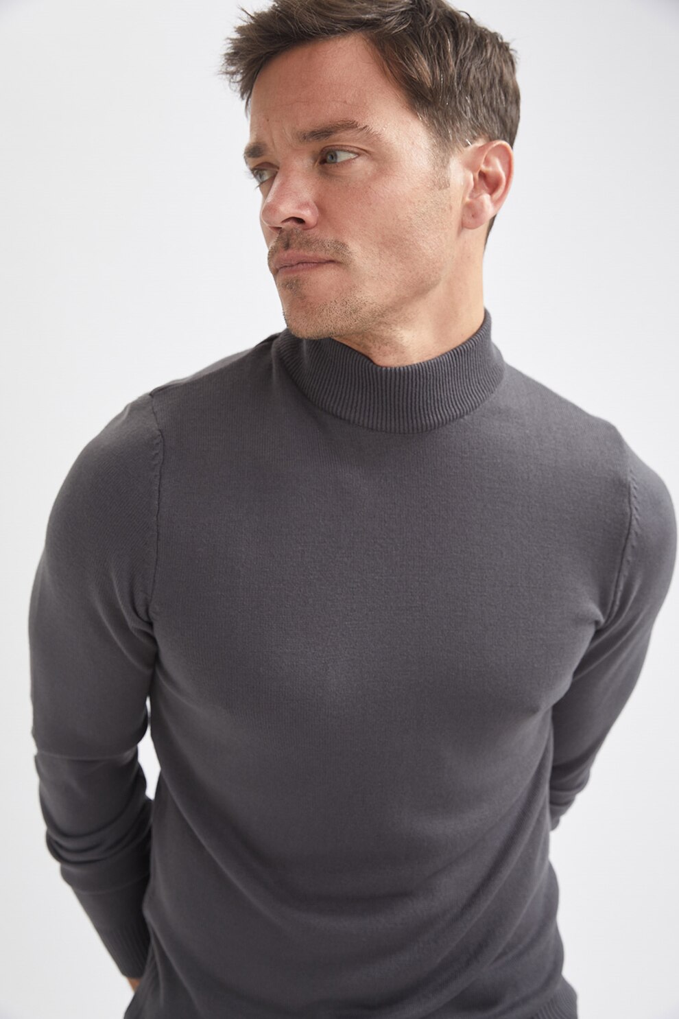 DeFacto, Pulover slim fit tricotat fin cu guler inalt, Gri inchis