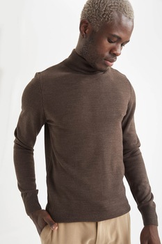 DeFacto, Pulover slim fit tricotat fin cu guler inalt, Maro DeFacto, Pulover slim fit tricotat fin cu guler inalt, Maro