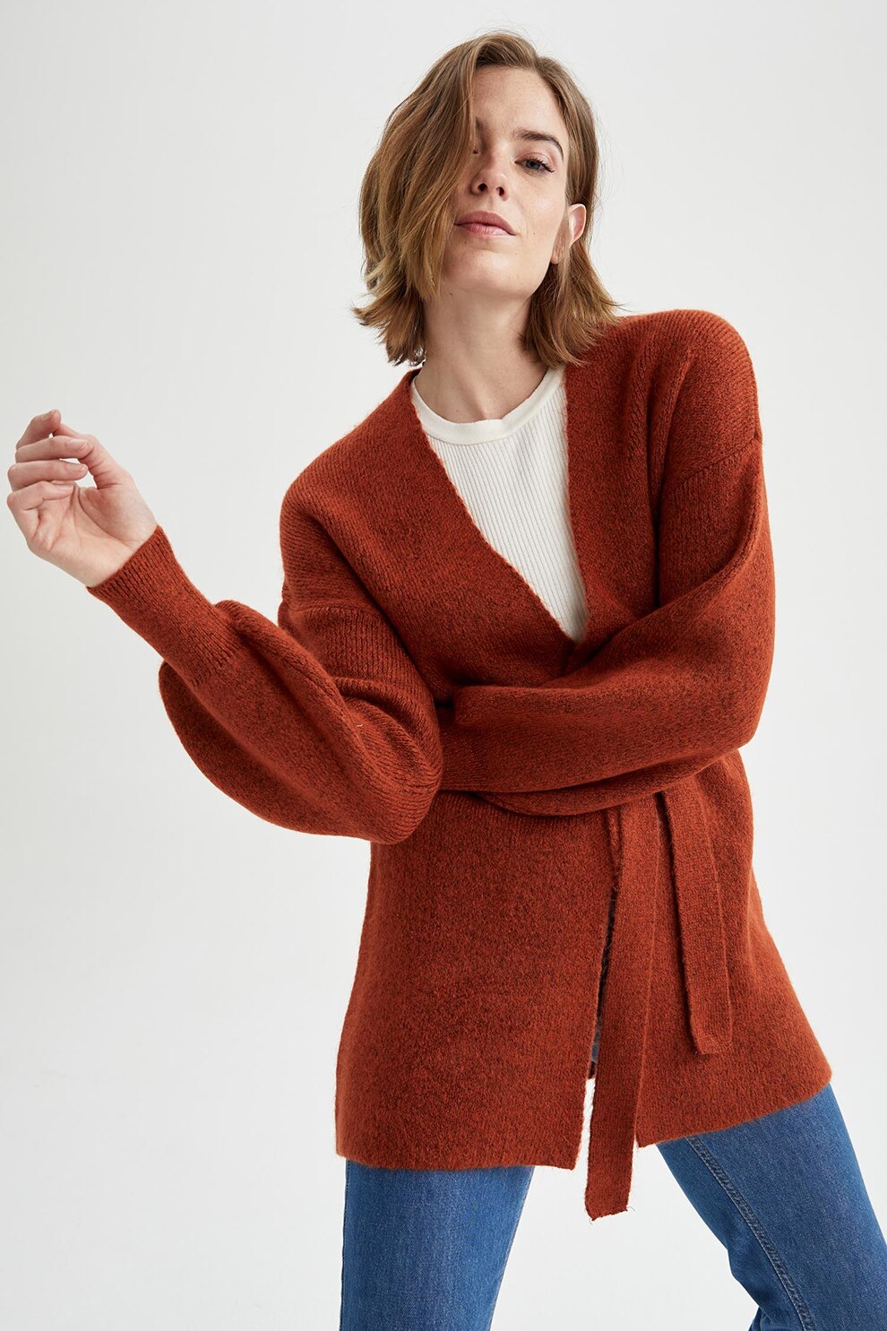 DeFacto, Cardigan tricotat fin cu model lung si cordon detasabil in talie, Rosu caramiziu