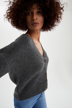 DeFacto, Cardigan cu decolteu in V, Gri antracit, 2XL DeFacto, Cardigan cu decolteu in V, Gri antracit, 2XL