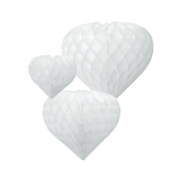 Set 3 lampioane suspendate, honeycomb inima, Deco, Alb, 12x19x26cm