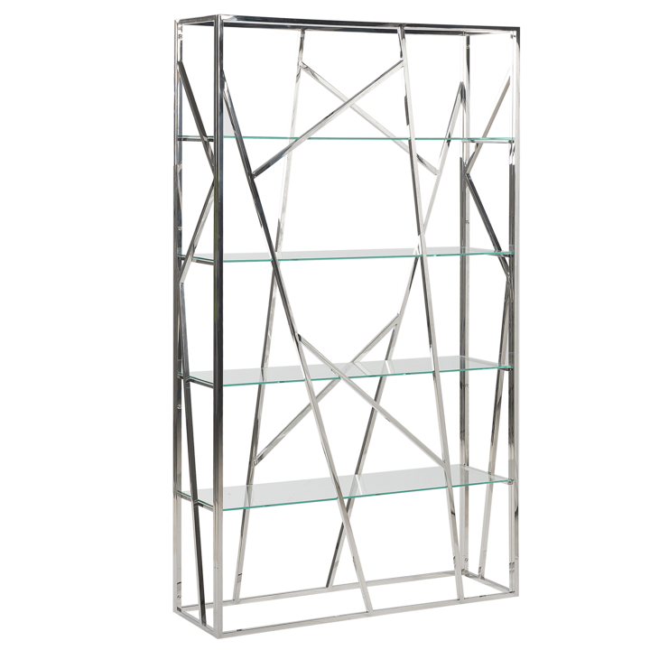 Könyvespolc ezüst 4 elemes edzett üveg rozsdamentes acél váz 175 x 100 cm glamour dekoratív