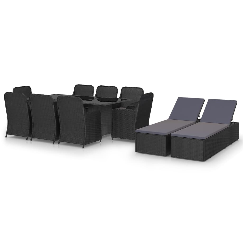 Set mobilier de terasa 11 piese masa cu 8 scaune-fotoliu si sezlonguri, vidaXL, Ratan-Sticla, 200 x 100 x 74 cm, Negru-perne negru