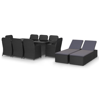 Set mobilier de terasa 11 piese masa cu 8 scaune-fotoliu si sezlonguri, vidaXL, Ratan-Sticla, 200 x 100 x 74 cm, Negru-perne negru Set mobilier de terasa 11 piese masa cu 8 scaune-fotoliu si sezlonguri, vidaXL, Ratan-Sticla, 200 x 100 x 74 cm, Negru-perne negru