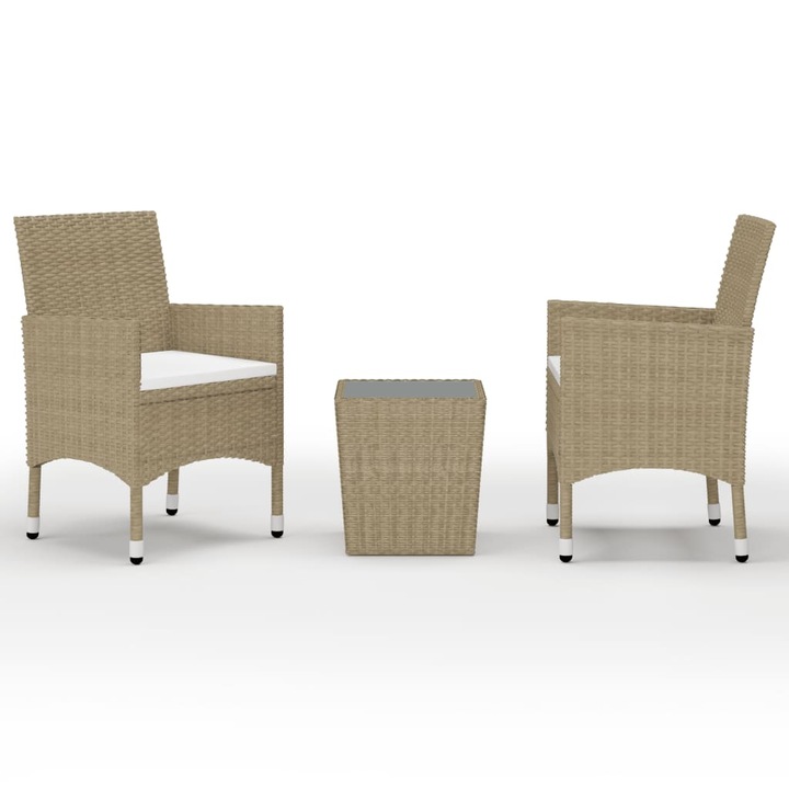 Set mobilier de gradina cu 1 masa si 2 scaune cu perne, vidaXL, Poliratan, 41.5 x 41.5 x 43 cm, Bej