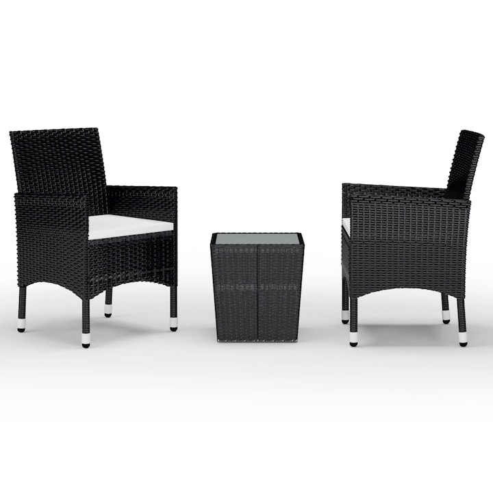Set mobilier de gradina cu 1 masa si 2 scaune cu perne, vidaXL, Poliratan, 41.5 x 41.5 x 43 cm, Negru
